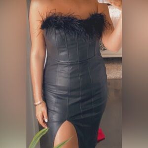 Fate Strapless Black Leather Dress with removable fur neckline